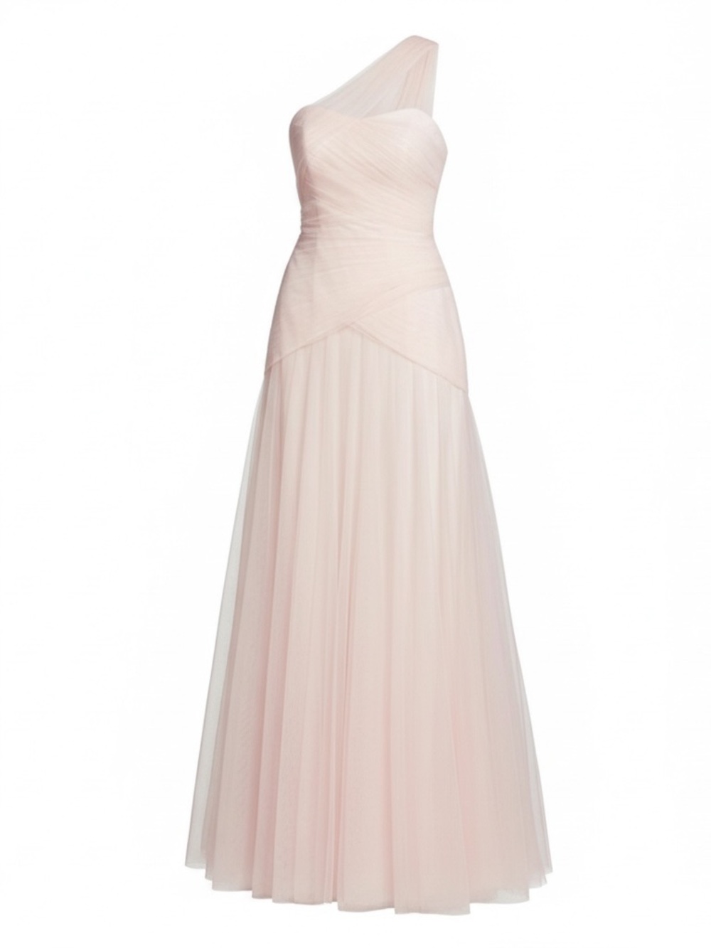 Monique Lhuillier One-Shoulder Blush Pink Tulle Gown